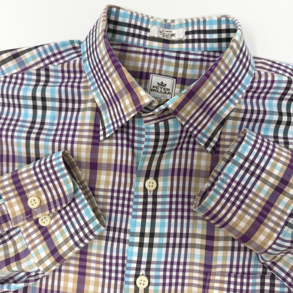 Peter‎ Millar Mens Large Plaid Button Down Shirt Purple Blue Cotton Long Sleeve